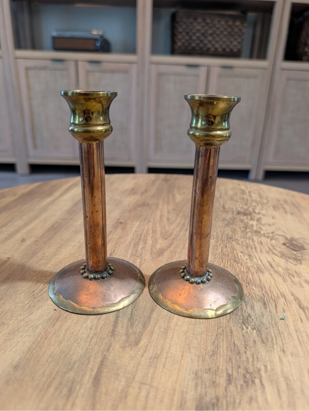 Vintage Arts & Crafts Copper Brass Candlesticks Pair Handcrafted MM 950 6.5"